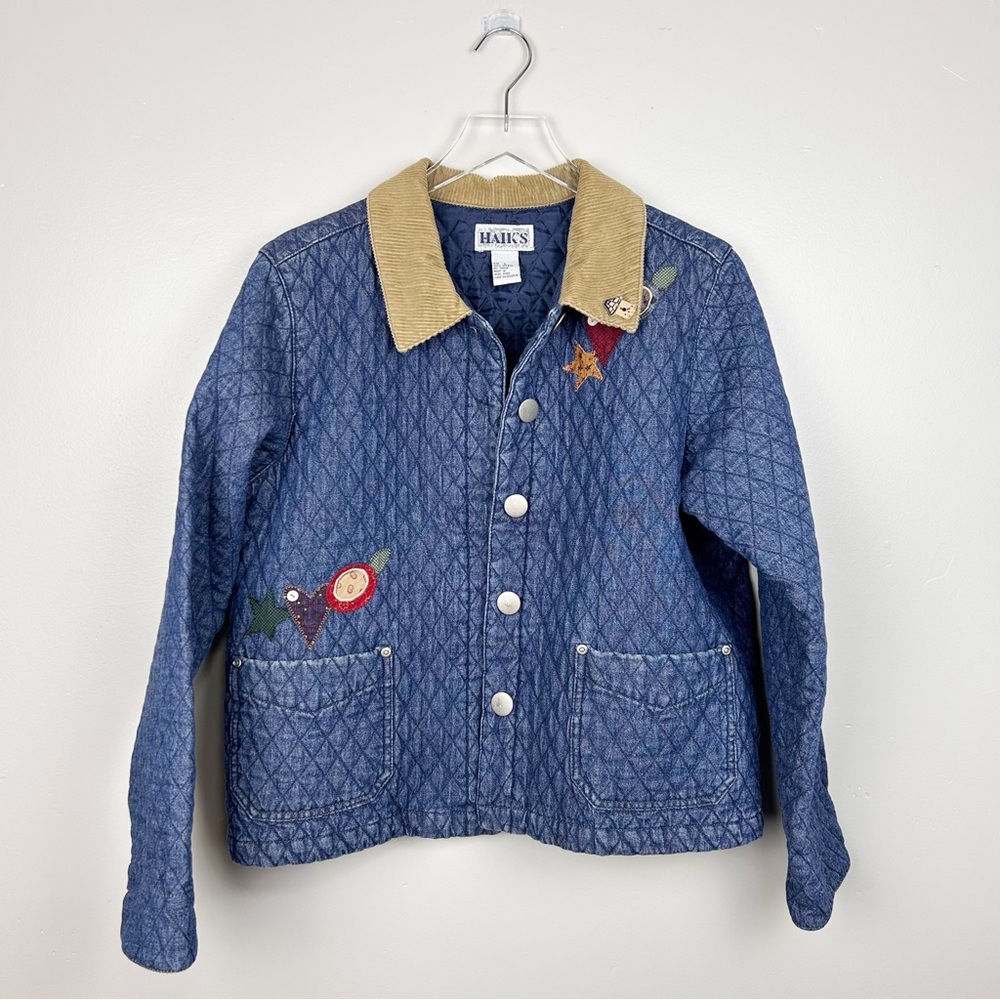 Vintage Haik’s Denim Quilted Jacket size large blue rabbit birdhouse moon